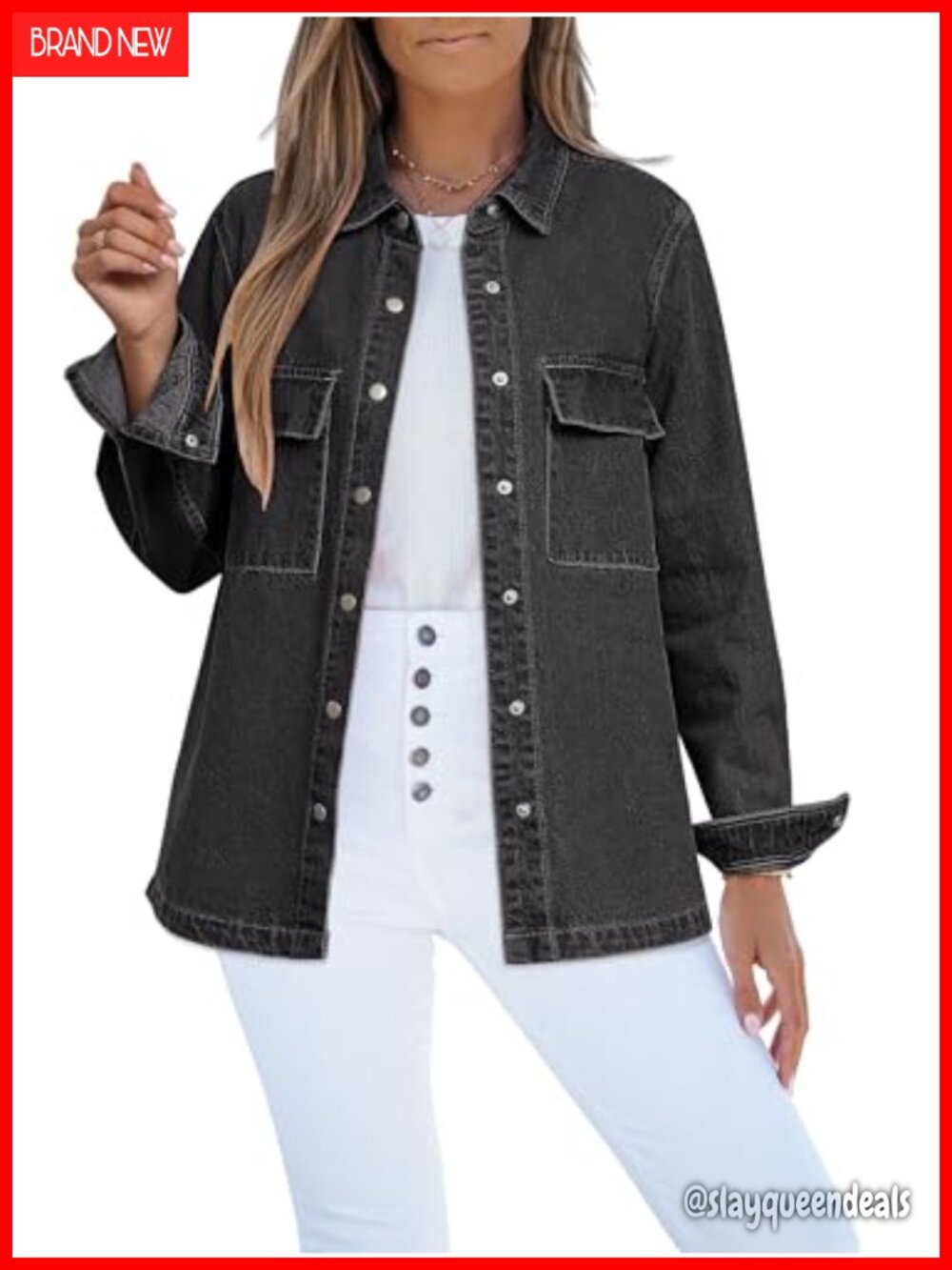Oversized Button Down Denim Jacket Western Shacket with Pockets